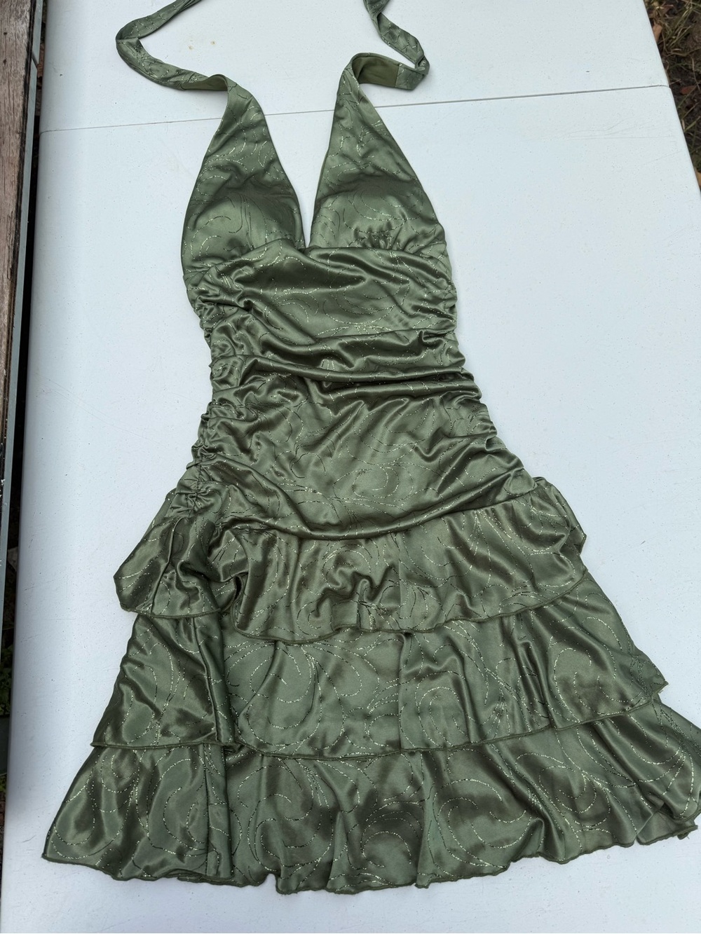 Olive Green Halter Ruffle Satin Dress